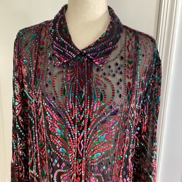 VINTAGE BOB MACKIE WEARABLE ART SZ LARGE BLOUSE TUNIC BURNOUT VELVET BUTTERFLY - Picture 6 of 8